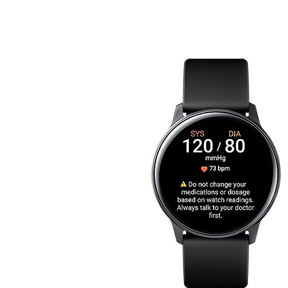 L’écran d’une Galaxy Watch montre les résultats de la prise de mesure de la pression artérielle, du rythme cardiaque et les avertissements qui conseillent l’utilisateur de ne pas utiliser les mesures à des fins d’autodiagnostic.