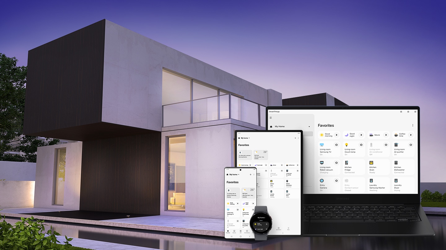 Une grande maison moderne en arrière-plan avec un smartphone Galaxy, une tablette, une montre intelligente et des appareils Galaxy Book au premier plan. Les 4 écrans affichent l’interface utilisateur graphique (GUI) SmartThings contenant des options pour faire fonctionner divers appareils domestiques.