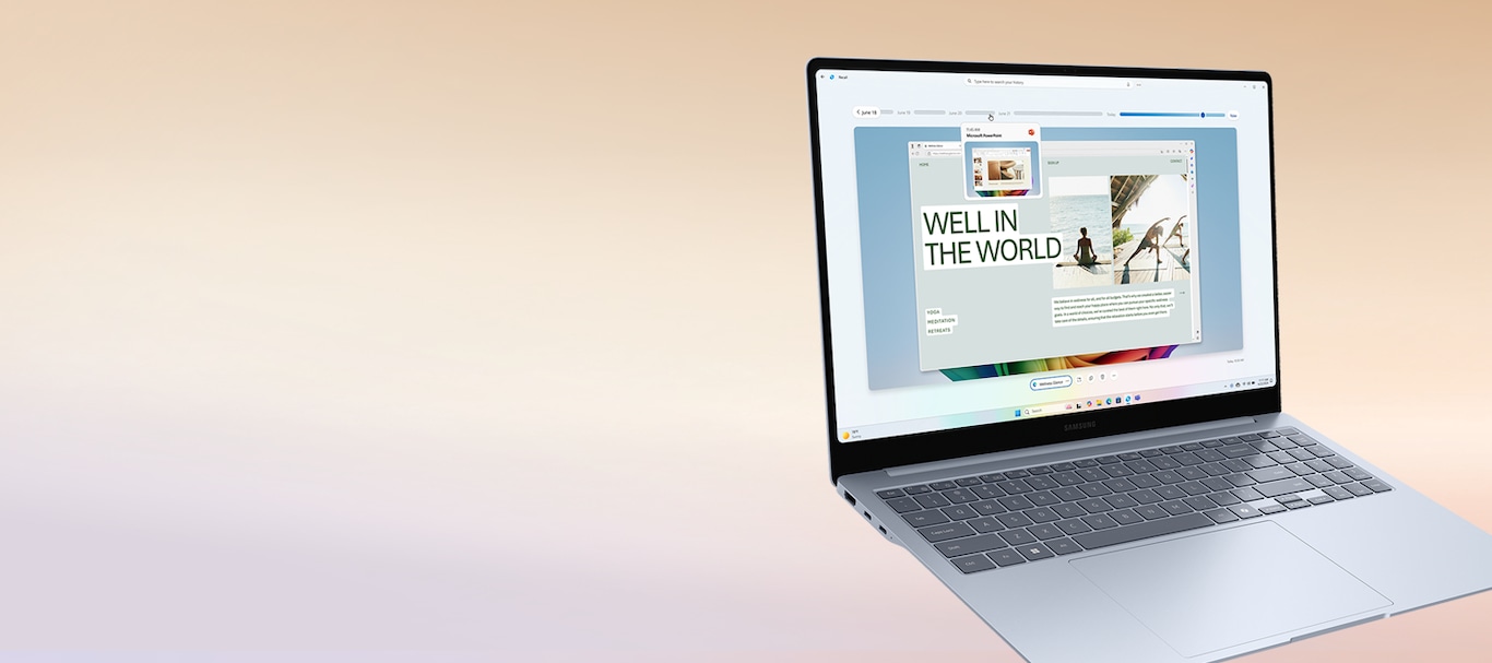 Le Galaxy Book4 Edge est ouvert, orienté légèrement vers la droite avec une timeline de l'activité Web passée de l'utilisateur et une page Web sur le bien-être ouverte dans un snapshot à l'écran à l'aide de Recall dans Copilot.