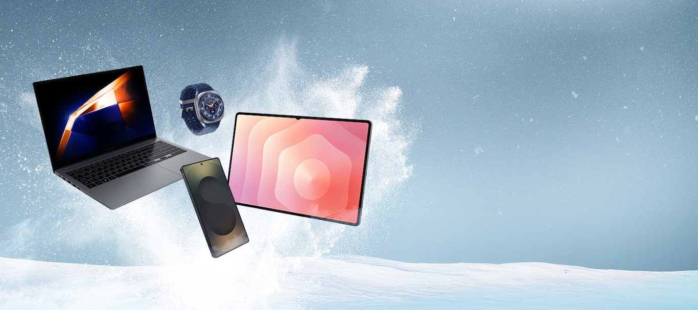 Sur l'image, vous voyez la vue de face du Galaxy S25 Ultra, Tab S11 Ultra, Watch Ultra (2025) et Galaxy Book