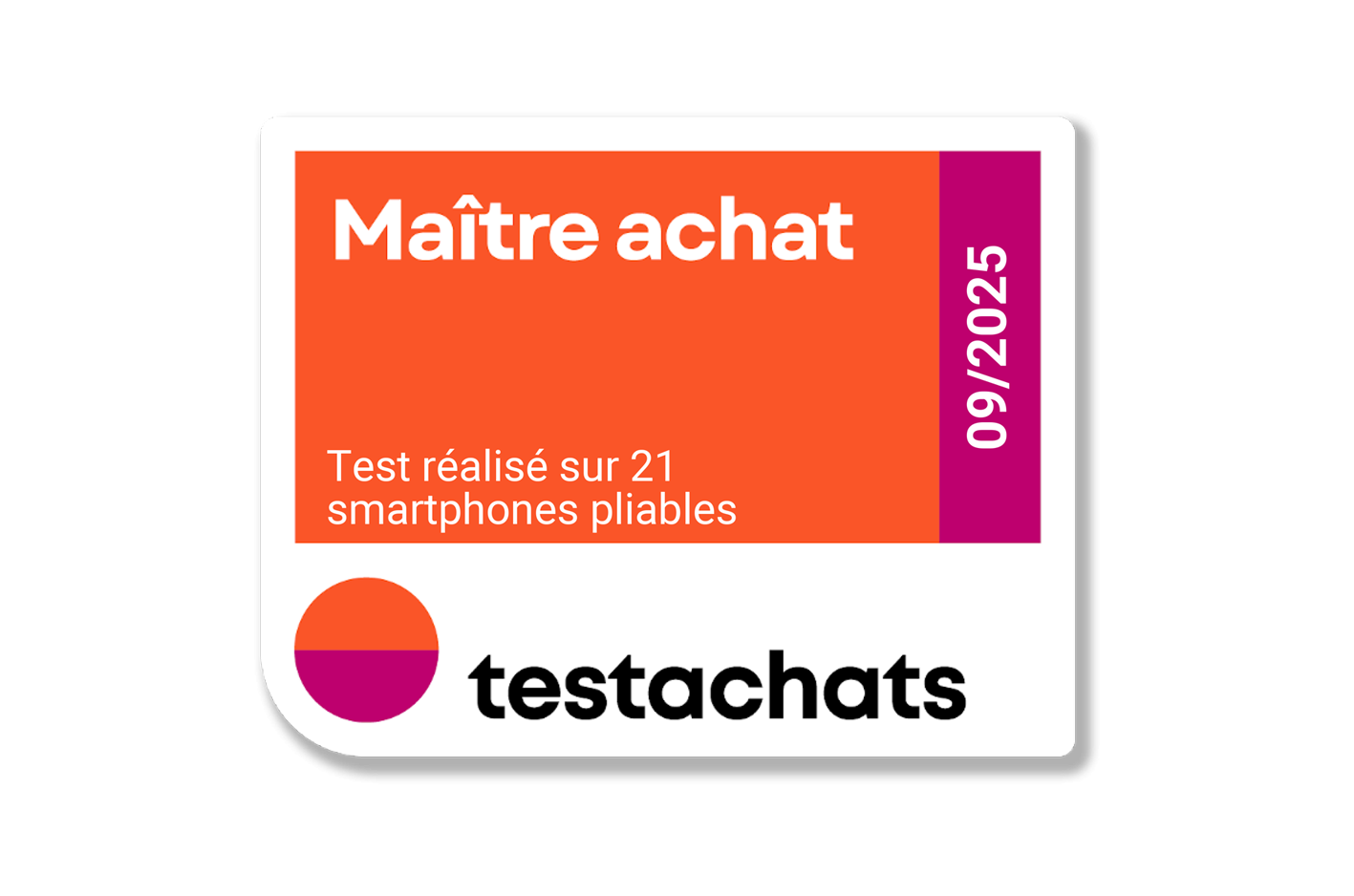 Logo carré testachats aux couleurs orange, violetet blanc avecle texte meilleur achat 