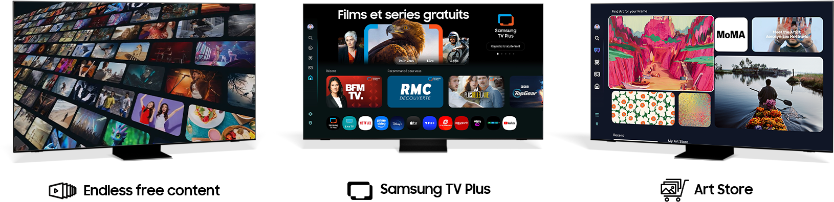 [Tróí~s télév~ísíó~ñs áf~fích~áñt l~'ÚÍ d~ú Gám~íñg H~úb, dé~ Sáms~úñg T~V Plú~s ét d~ú Árt~ Stór~é.]
