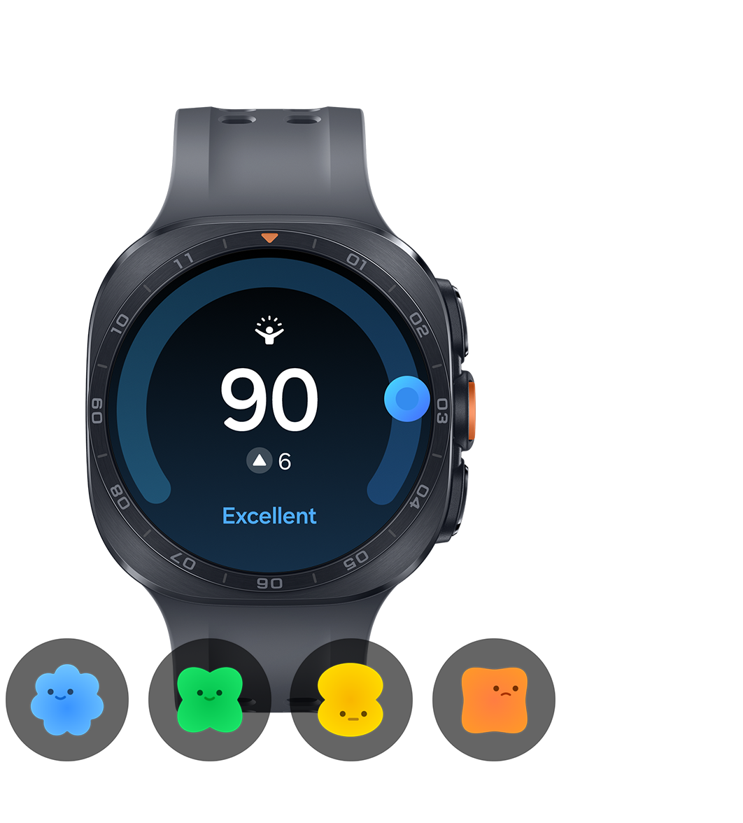 Galaxy Watch Ultra2 в цвят Сив титан с каишка Marine Band в черно, показан отпред с Отличен Енергиен рейтинг от 90 и повишение с 6 точки спрямо предходния ден, изписани на дисплея. Под тях са разположени четири характерни икони, представящи различните нива на Енергиен рейтинг.