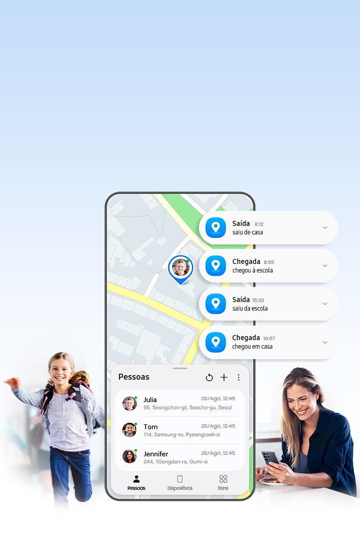 À esquerda, aparece uma criança e, à direita, uma mulher olhando para um celular. No centro, uma tela de smartphone Galaxy exibe a localização da criança no mapa dentro da guia “Pessoas” do Samsung Find. As notificações sobre a localização da criança aparecem ao lado, indicando quando ela sai de casa, chega à escola, sai da escola e chega em casa.