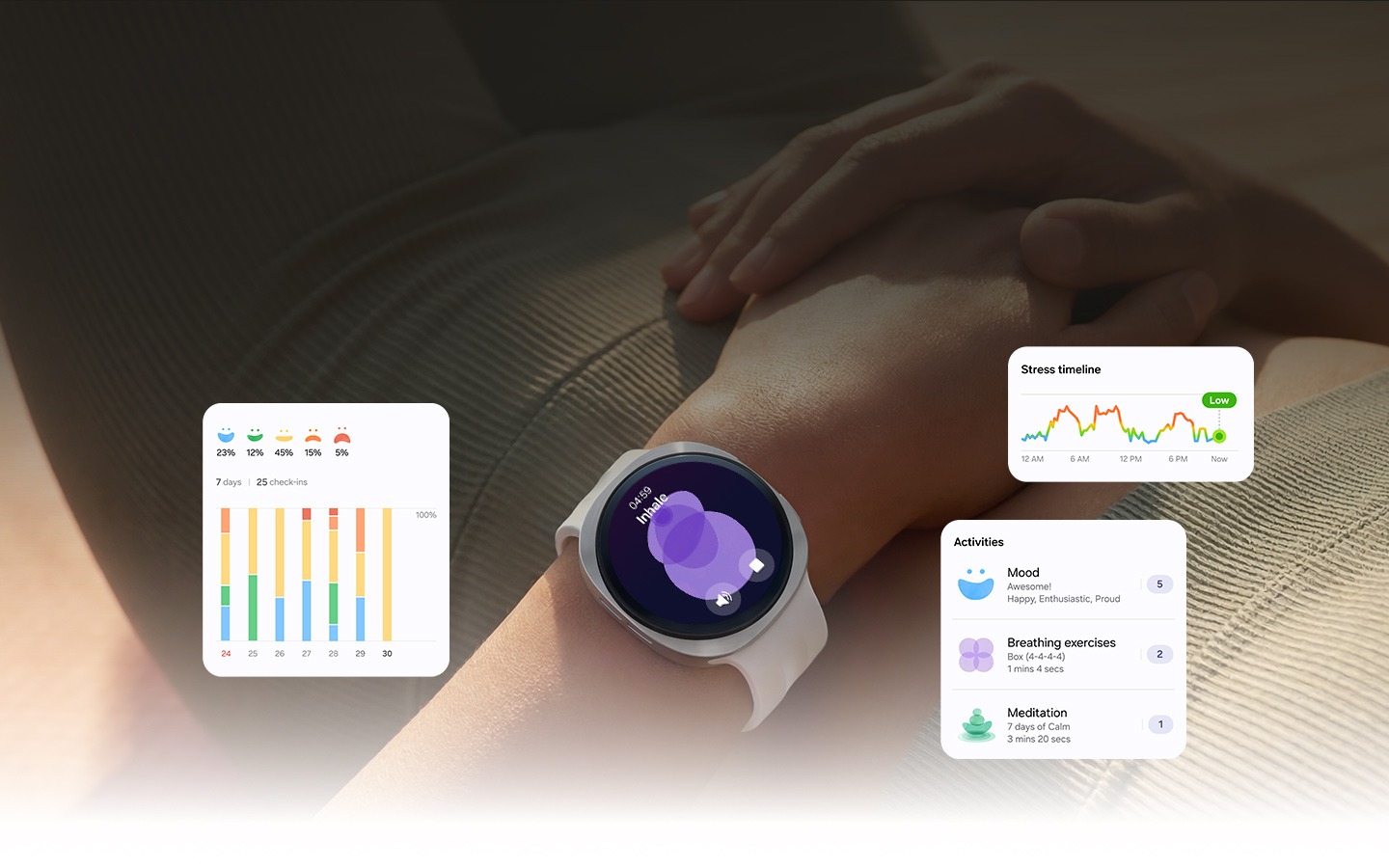Una persona acostada boca arriba lleva el Galaxy Watch9 en la muñeca. La función de Estrés aparece en pantalla y el nivel de estrés es bajo, lo que indica que la persona está relajada.