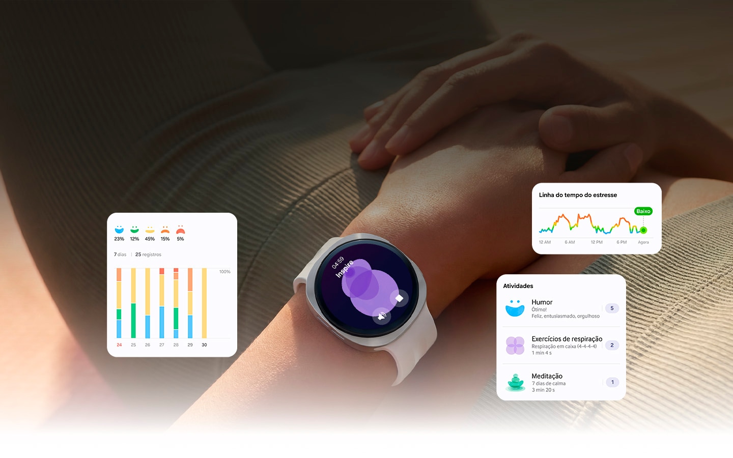Uma pessoa deitada de costas usa o Galaxy Watch9 no pulso. O recurso de exercício de respiração aparece na tela com o tempo 04:59, o texto “Inhale” e os botões de áudio e parar. A GUI do recurso Mindfulness aparece próximo ao Galaxy Watch9. Níveis de estresse dos últimos 7 dias, linha do tempo de estresse e atividades.
