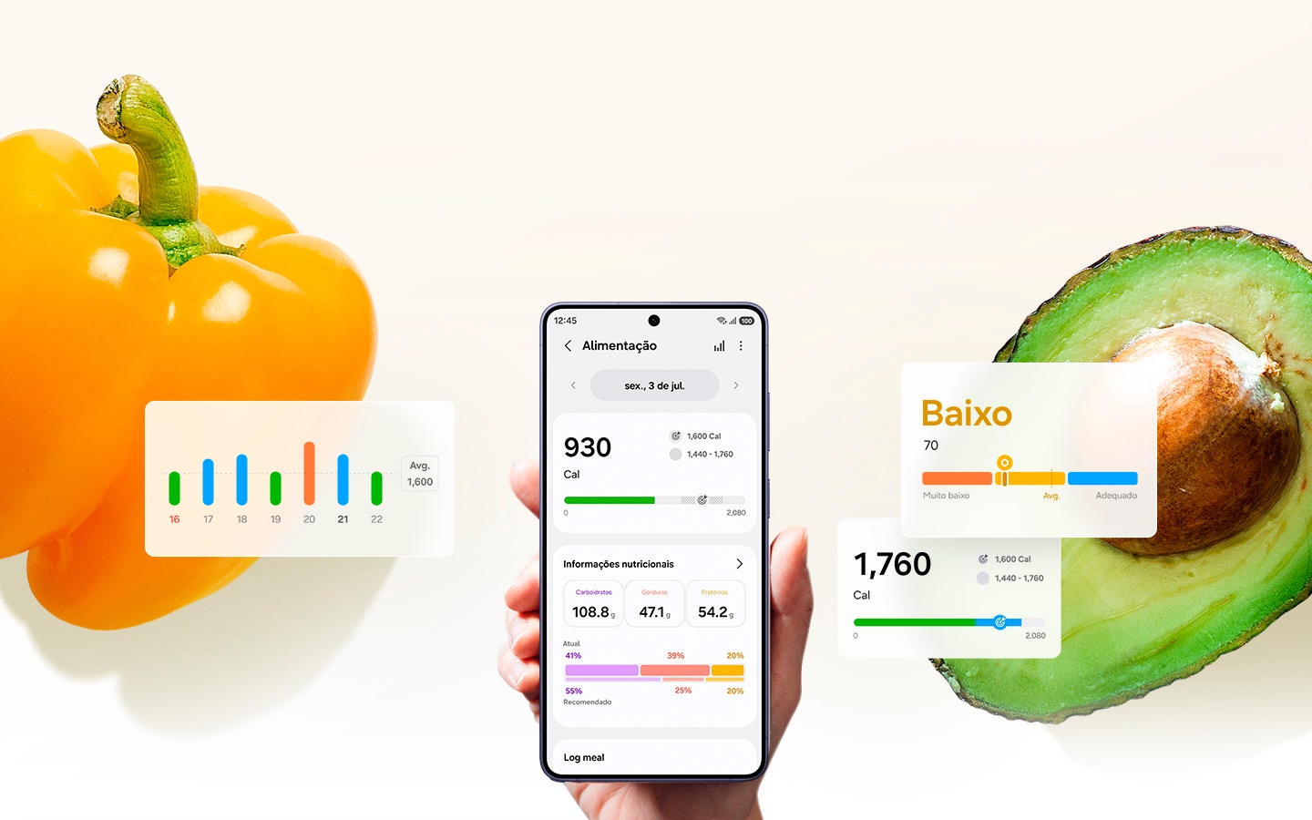 Páprica e abacate aparecem ao fundo. No centro, uma mão segura um smartphone com o recurso Food na tela. Em cada lado, é possível ver diferentes GUIs de recursos relacionados à saúde metabólica, como Antioxidant Index, Calorie intake over last 7 day GUI e Food Tracker.