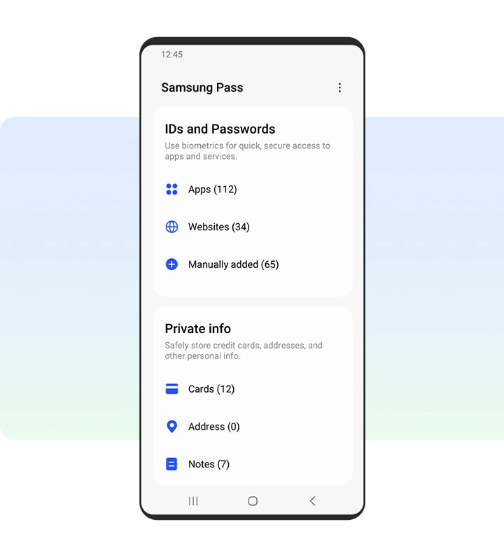 Captura de tela da tela inicial do Samsung Pass mostrando guias para IDs e senhas, informações privadas e muito mais.