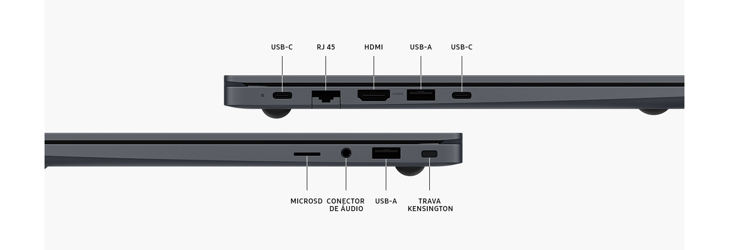 Dois dispositivos Galaxy Book4 Cinza estão posicionados na lateral esquerda e direita para destacar o layout das portas. As portas são identificadas como USB-C. RJ 45. HDMI. USB-A. MICRO SD. ENTRADA/SAÍDA DE ÁUDIO. TRAVA KENSINGTON.