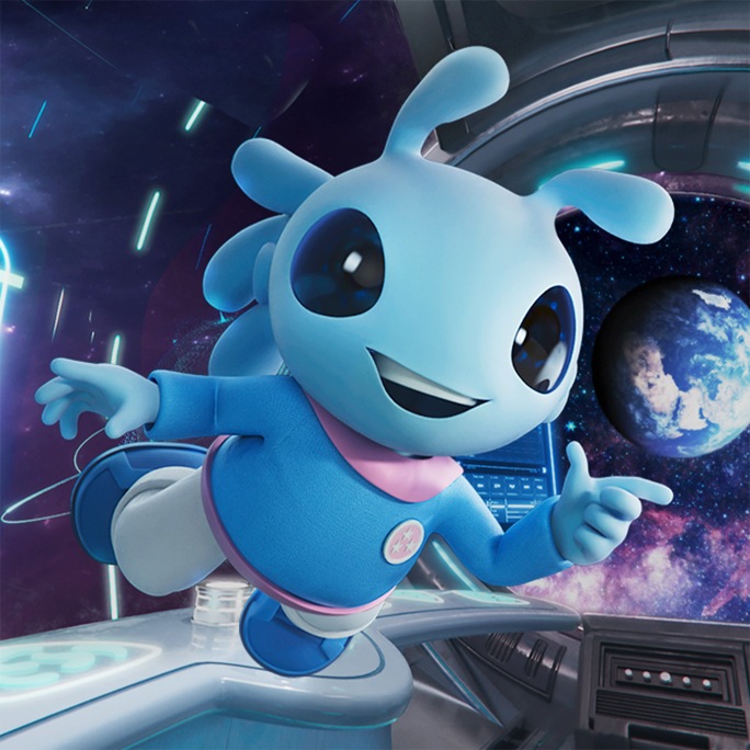 Um fantástico alienígena azul paira no ar dentro de uma nave espacial moderna. O alienígena tem duas antenas, dois olhos grandes e usa um uniforme espacial de duas peças que consiste em blusa azul com detalhes em rosa e calça branca. O alienígena parece assustado e está com ambos os braços esticados, aparentemente se preparando para uma queda. Em segundo plano, pedaços, fragmentos e um grande botão verde azulado flutuam desordenadamente.