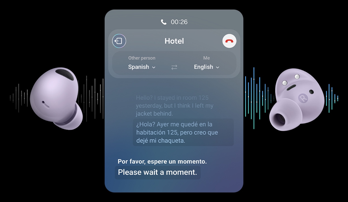 Fones de ouvido do Galaxy Buds2 Pro Violeta podem ser vistos. Entre os fones de ouvido está a interface gráfica do Live Translate. Em segundo plano, há ondas sonoras que indicam o Live Translate.