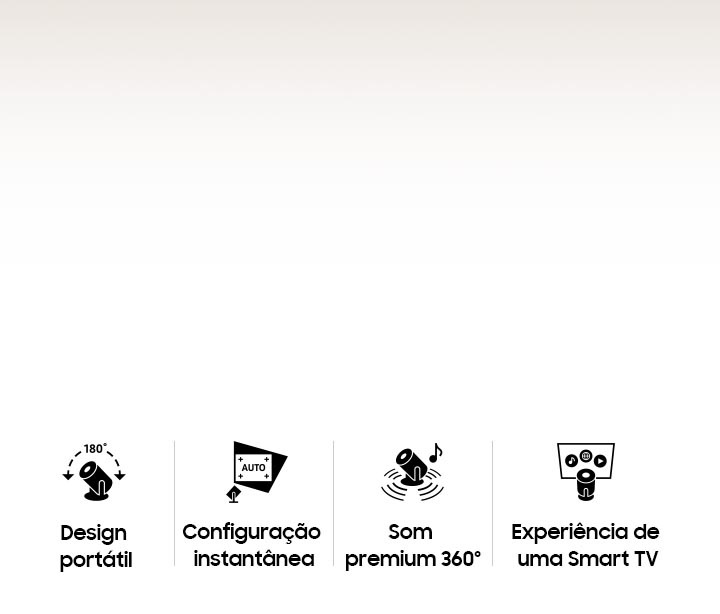 Imagem aproximada do The Freestyle. Ícones de All Round Design 180°, Instant Setup AUTO, Premium 360 Sound e Smart TV Experience.