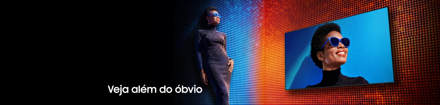 Na imagem com fundo azul e vermelho temos uma moça e vários LEDs, representando a categoria de TVs Mini LED.