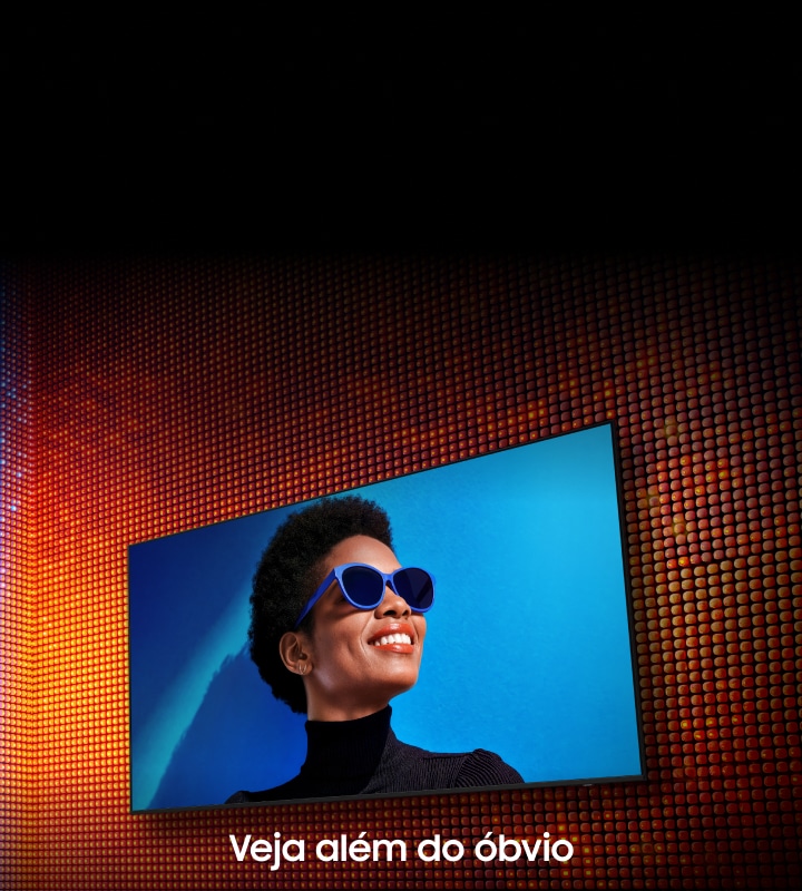 Na imagem com fundo azul e vermelho temos uma moça e vários LEDs, representando a categoria de TVs Mini LED.