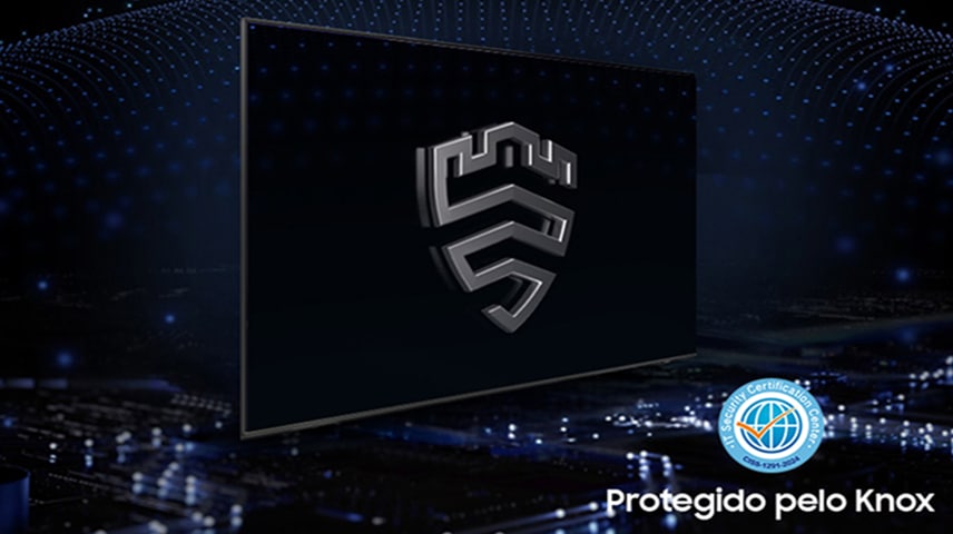 Uma TV exibindo o logotipo do Samsung Knox Security. Ao lado, um logotipo do Centro de Certificação de Segurança de TI CISS-1291-2024.