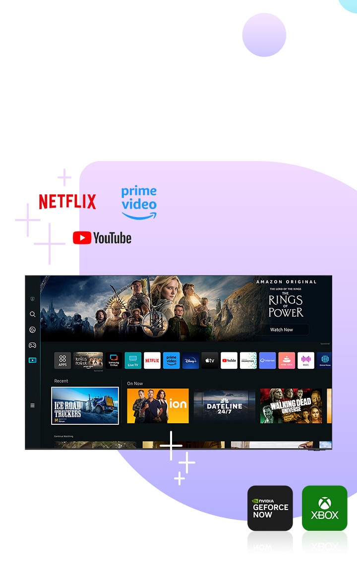 Uma grande variedade de programas e filmes consagrados disponíveis no Smart Hub é exibida. No topo, há logotipos reconhecíveis de serviços de streaming, incluindo Netflix, YouTube e Amazon Prime Video. No centro, o filme Adão Negro em exibição, fornecido pela Rokuten TV, enquanto uma seleção de aplicativos de games importantes, como NVIDIA GeForce Now, Xbox e Utomik, é apresentada com destaque na parte inferior.