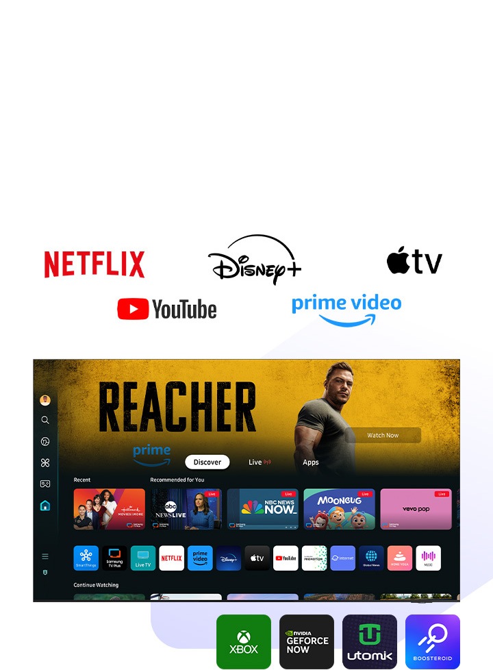 Uma tela exibe uma variedade de programas, filmes e aplicativos populares disponíveis no Samsung Tizen OS. Fora da tela, vários logotipos de serviços de streaming populares são exibidos, incluindo Netflix, YouTube, Amazon Prime Video, Disney Plus e Apple TV. Além disso, há logotipos para aplicativos de games como Xbox, NVIDIA GeForce Now, Utomik e Boosteroid.