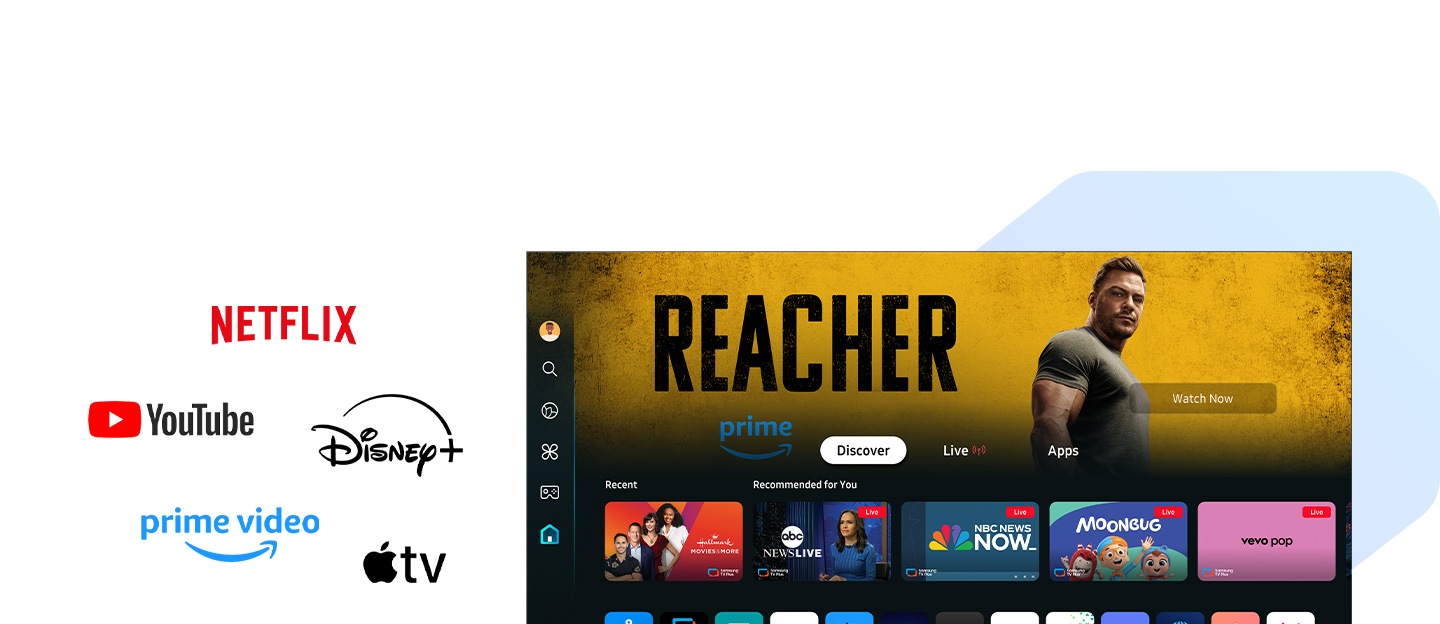 Uma tela exibe uma variedade de programas, filmes e aplicativos populares disponíveis no Samsung Tizen OS. Fora da tela, vários logotipos de serviços de streaming populares são exibidos, incluindo Netflix, YouTube, Amazon Prime Video, Disney Plus e Apple TV. Além disso, há logotipos para aplicativos de games como Xbox, NVIDIA GeForce Now, Utomik e Boosteroid.