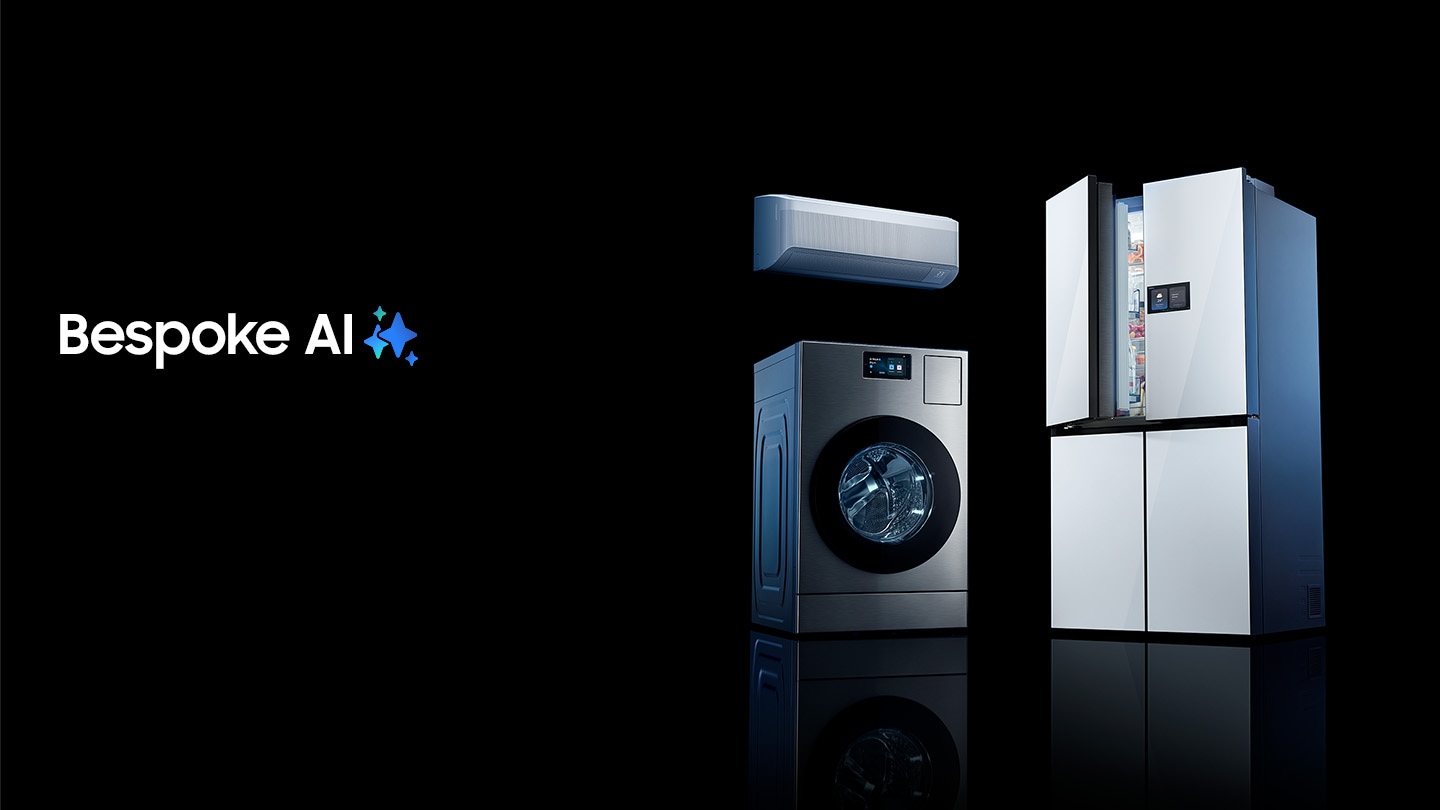 A linha de produtos Bespoke AI da Samsung mostra: Lavanderia Bespoke AI, Lava-louças Inteligente Bespoke, Aspirador Robô Bespoke Jet Bot Combo AI, Fogão de Indução Bespoke e Refrigerador Bespoke de 4 Portas com Porta Francesa. Logo do Bespoke AI.
