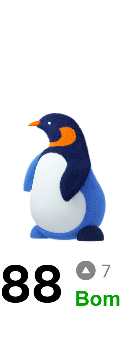 Um personagem de pinguim, um dos oito animais que representam o tipo de sono, exibido com uma Pontuação de Sono Boa de 88 e queda de 7 pontos em relação ao dia anterior.