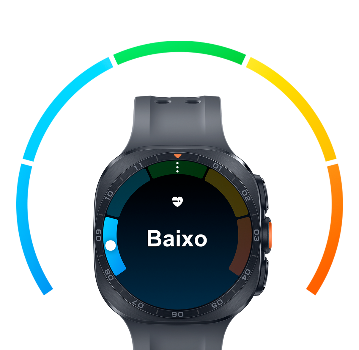 Galaxy Watch Ultra2 em Titânio Preto com Pulseira Marine Preta, visto de frente, exibindo na tela a interface de monitoramento cardiovascular com barras coloridas e o texto Lower com a barra azul marinho destacada.