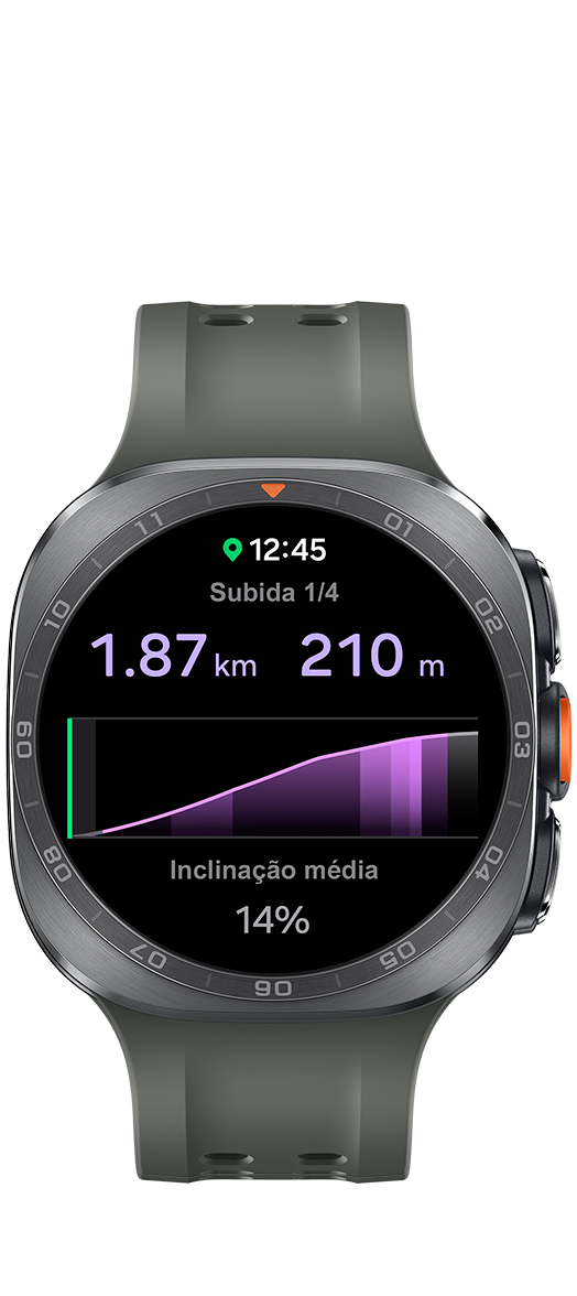 Galaxy Watch Ultra2 Titânio Prata com Pulseira Marine Verde, visto de frente, exibindo na tela orientações de subida. Horário e estatísticas de subida são exibidos com o texto “Subida 1 de 4. 1,87 km e 210 m”. Inclinação média de 14%.