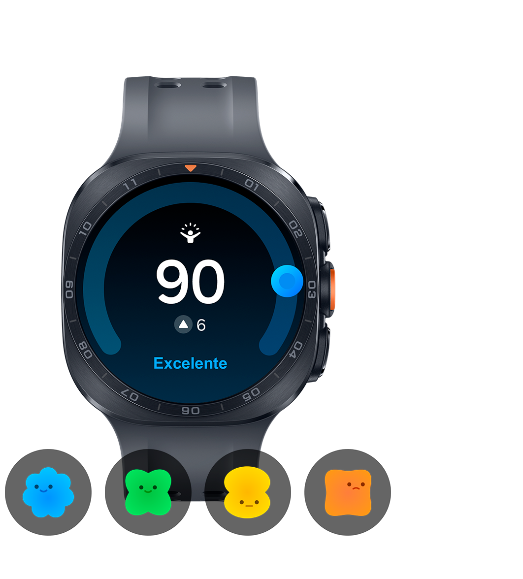 Galaxy Watch Ultra2 Titânio Preto com Pulseira Marine Preta, visto de frente, exibindo na tela uma Pontuação de energia Excelente de 90 e aumento de 6 pontos em relação ao dia anterior, além de quatro ícones de personagens abaixo, representando diferentes níveis de Pontuações de energia