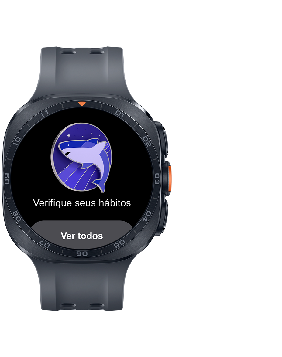 Galaxy Watch Ultra2  Titânio Preto com Pulseira Marine  Preta, visto de frente, exibindo na tela a interface do treinamento do sono com o ícone de um tubarão e o texto Verifique seus hábitos. Um botão Ver tudo na parte inferior.