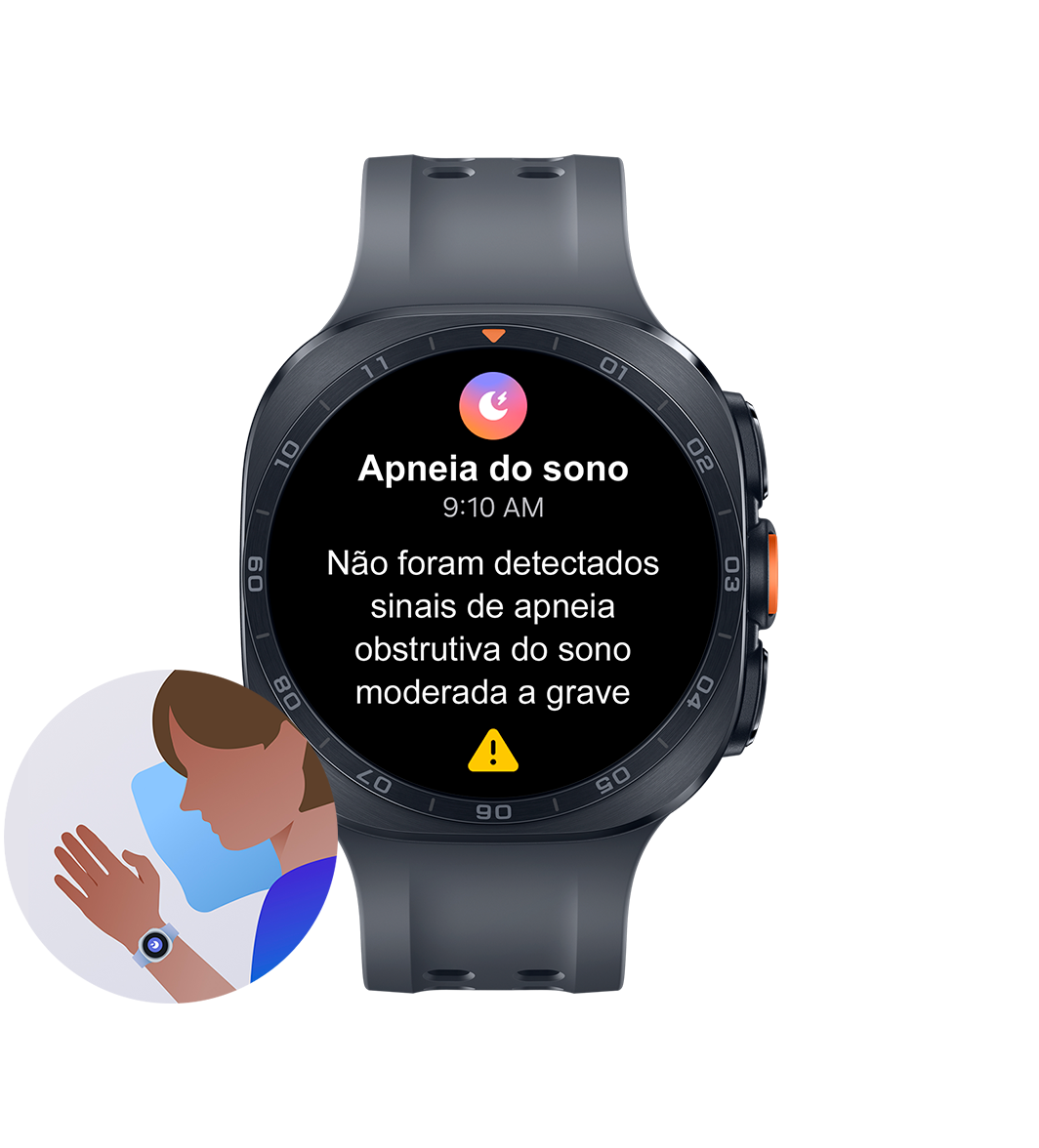 Galaxy Watch Ultra2  Titânio Preto com Pulseira Marine cor Preta, visto de frente, exibindo na tela a interface do recurso de apneia do sono com um ícone de apneia do sono, o horário, o texto Não foram detectados sinais de apneia obstrutiva do sono moderada a grave e um ícone de alerta na parte inferior. Ícone ilustrativo de uma pessoa dormindo com o Galaxy Watch Ultra2 no pulso, representando o recurso de detecção de risco de apneia do sono ativado.