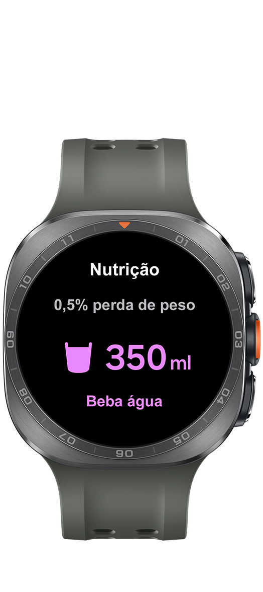 Galaxy Watch Ultra2 Titânio Prata com Pulseira Marine Verde, visto de frente, exibindo na tela lembretes de hidratação. O texto na tela diz Nutrição. Beba 350 ml de água. 0,5% de perda de peso.