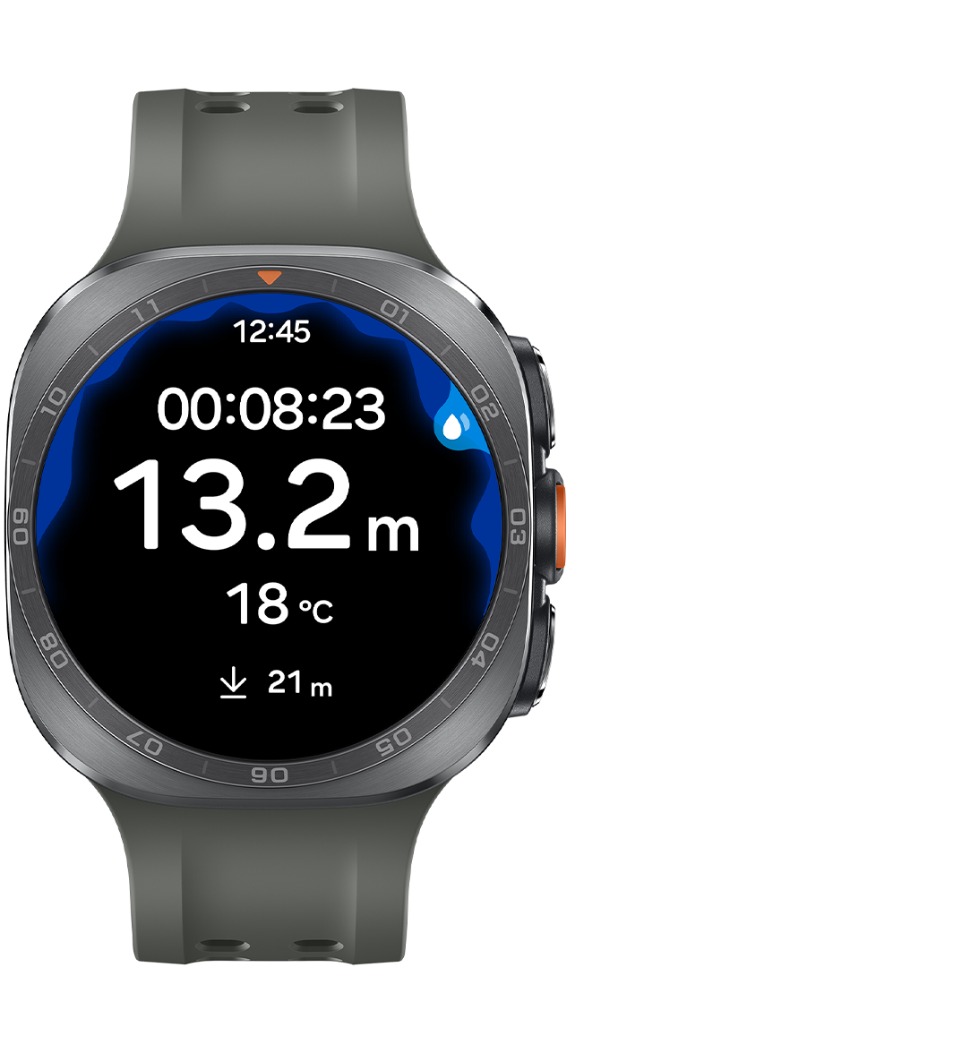 Galaxy Watch Ultra2 in Titanium Silver with a Marine Band in Olive shown facing forward with dive data shown on the display with real-time depth, dive time and temperature.