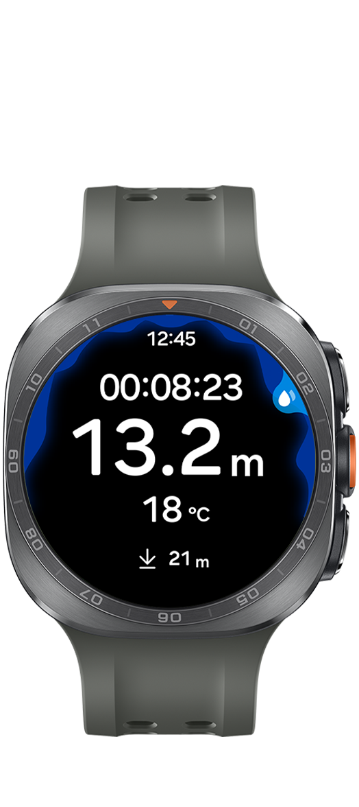 Galaxy Watch Ultra2 Titânio Prata com Pulseira Marine na Verde visto de frente, exibindo na tela dados de mergulho em tempo real, incluindo profundidade, tempo de mergulho e temperatura.