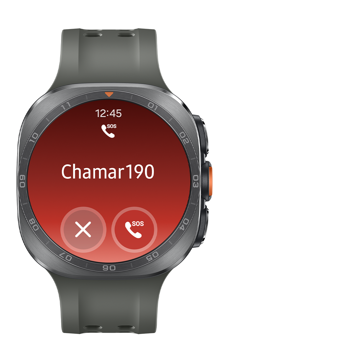 Galaxy Watch Ultra2  Titânio Prata com Pulseira Marine Verde, exibindo a hora e a chamada SOS na parte superior, o texto Ligar para 911 no centro e, na parte inferior, os botões Cancelar e Ligar SOS. O recurso SOS de emergência é ativado ao pressionar o botão inicial cinco vezes.