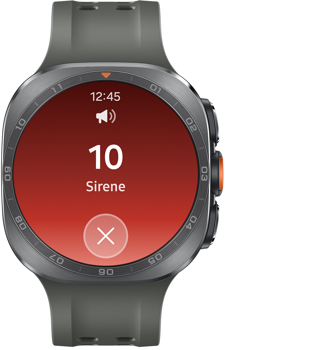 Galaxy Watch Ultra2 Titânio Prata com Pulseira Marine Verde, visto de frente, exibindo na tela a contagem regressiva com o número 10, o texto Sirene e o botão Cancelar na parte inferior.