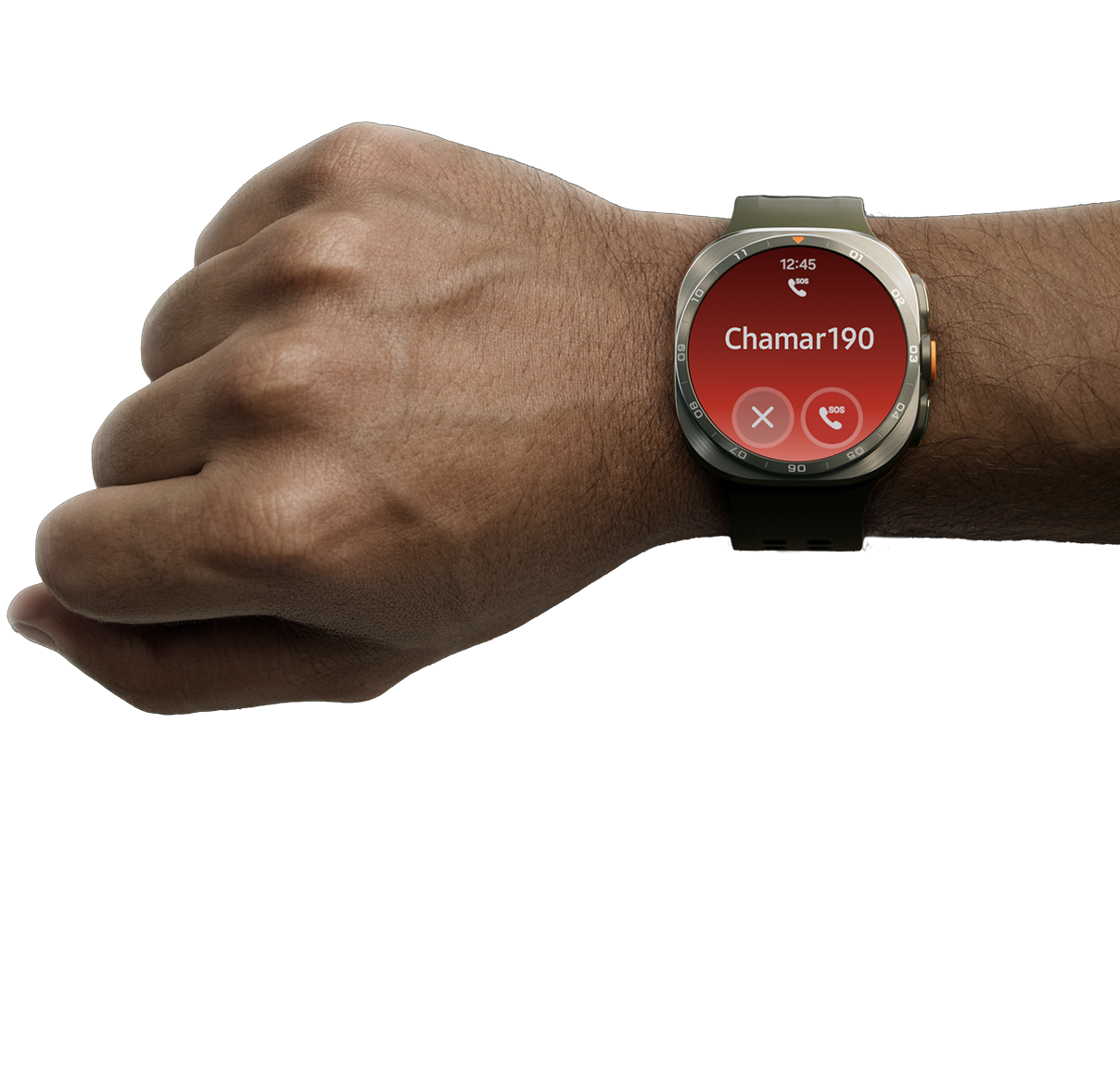 Galaxy Watch Ultra2 Titânio Prata com Pulseira Marine Verde, exibindo a hora e a chamada SOS na parte superior, o texto Ligar para 911 no centro e, na parte inferior, os botões Cancelar e Ligar SOS.