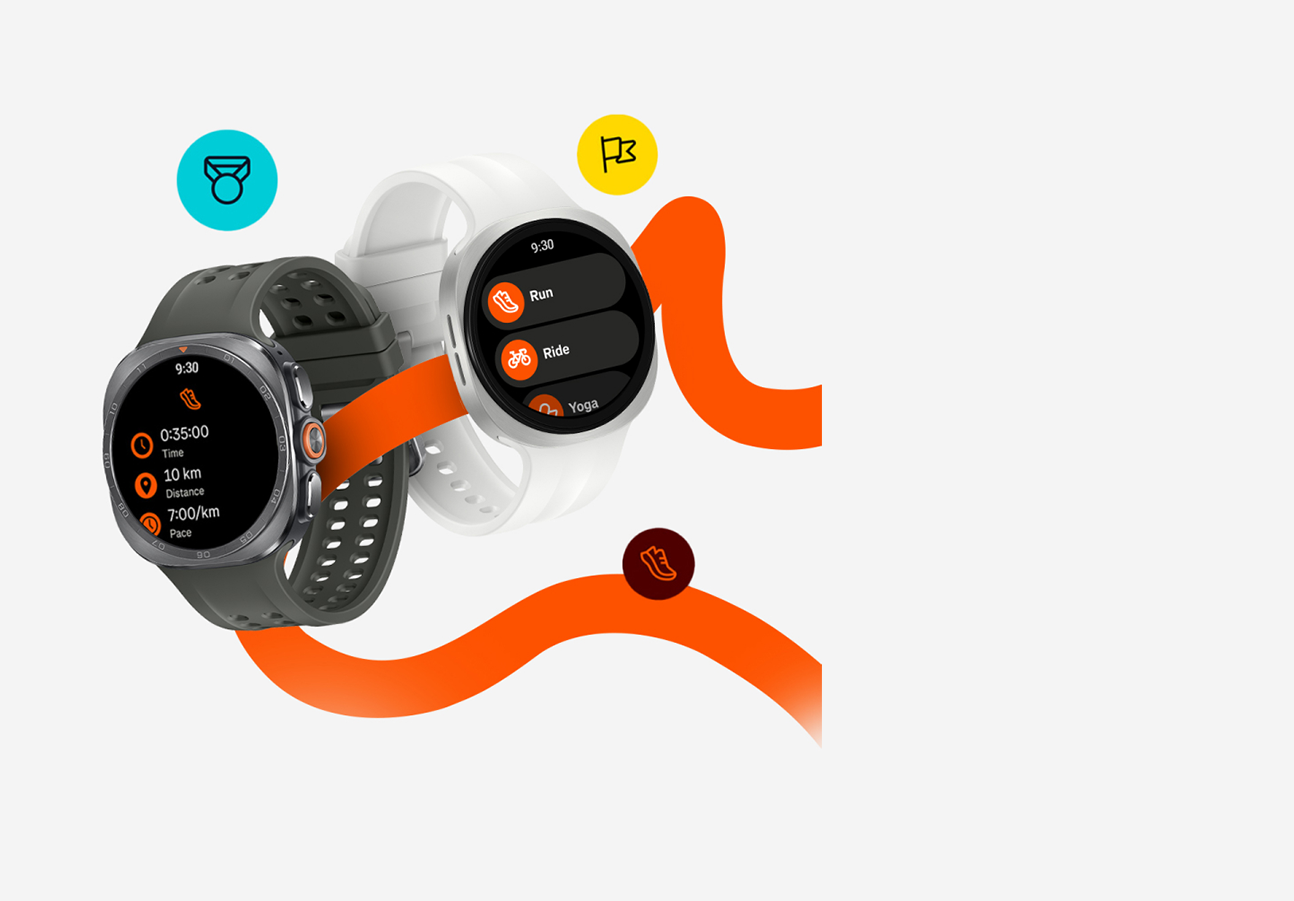 Galaxy Watch Ultra2 Titânio Prata com uma Pulseira Marine Verde. O Strava está aberto, exibindo o tempo atual, a distância e o ritmo de uma corrida. Ícones diferentes do Strava, representando seus recursos, são exibidos ao redor do relógio.