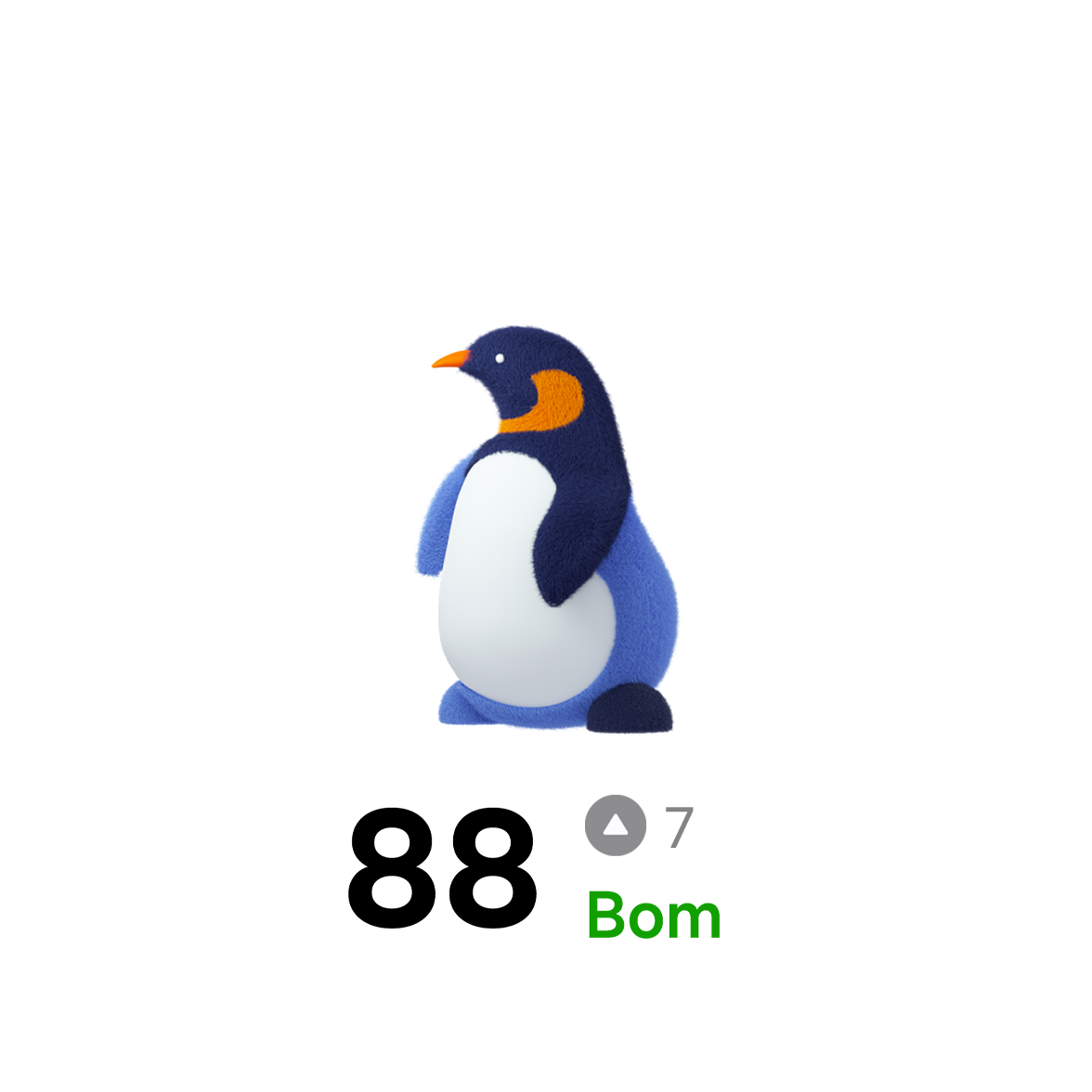 Ícone de pinguim do Treinamento do sono, que simboliza um dos 8 animais que representam o tipo de sono, e uma pontuação Boa de 88 com uma diminuição de 7 pontos em relação ao dia anterior.