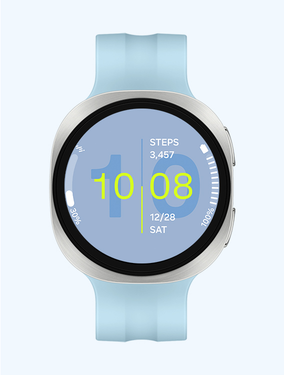 Vista frontal e vista aproximada em ângulo do Galaxy Watch9 com uma Sport Band Azul, exibindo um mostrador com informações como número de passos, hora, data, clima e porcentagem da bateria.