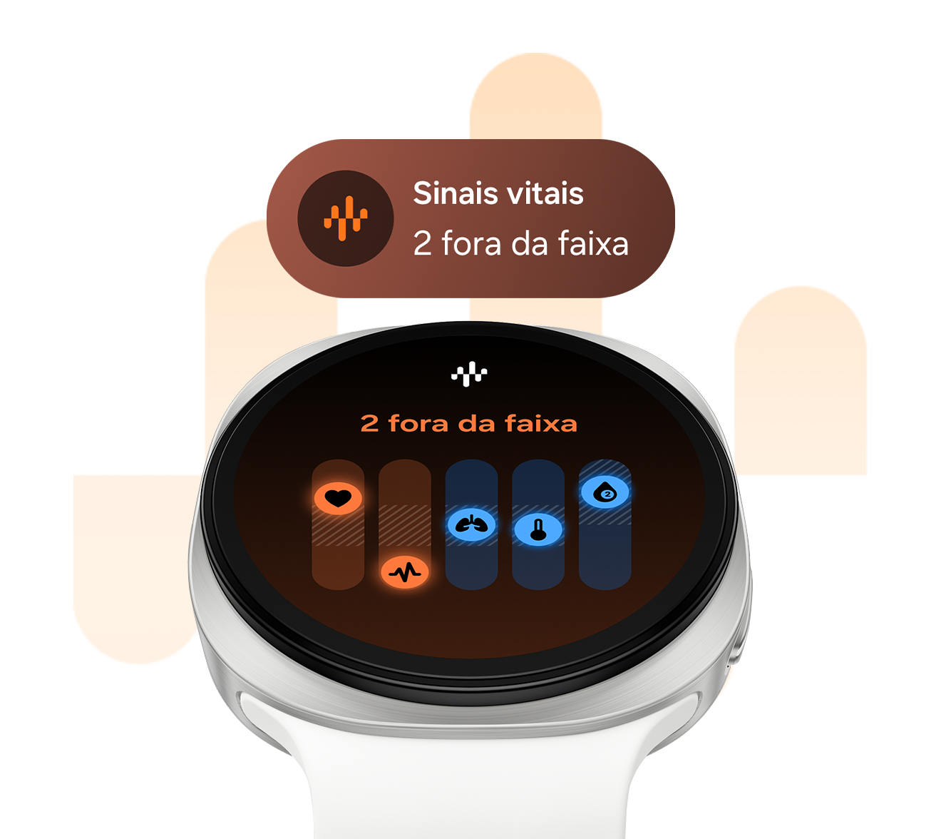 Galaxy Watch9 em Creme com uma Pulseira Sport em Cream, virado ligeiramente para cima, com a interface de monitoramento de sinais vitais mostrada na tela com o texto Sinais vitais: 2 fora da faixa. Acima está o bloco de Sinais vitais com o texto 2 fora da faixa.