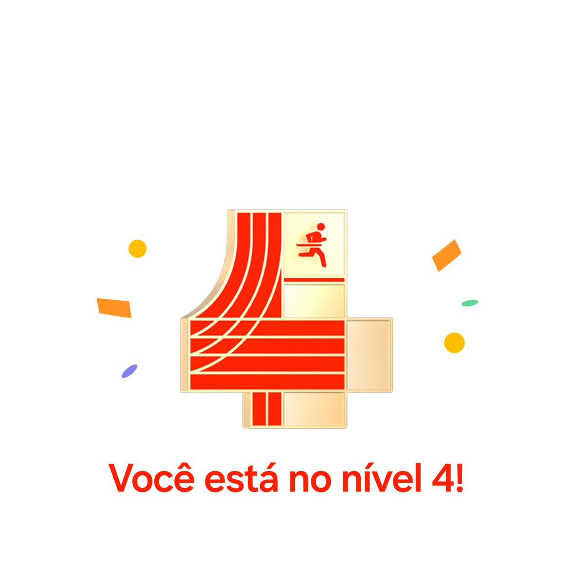 Conquista de nível do programa Treinador de corrida, com nível 4 e o texto Você está no nível 4!
