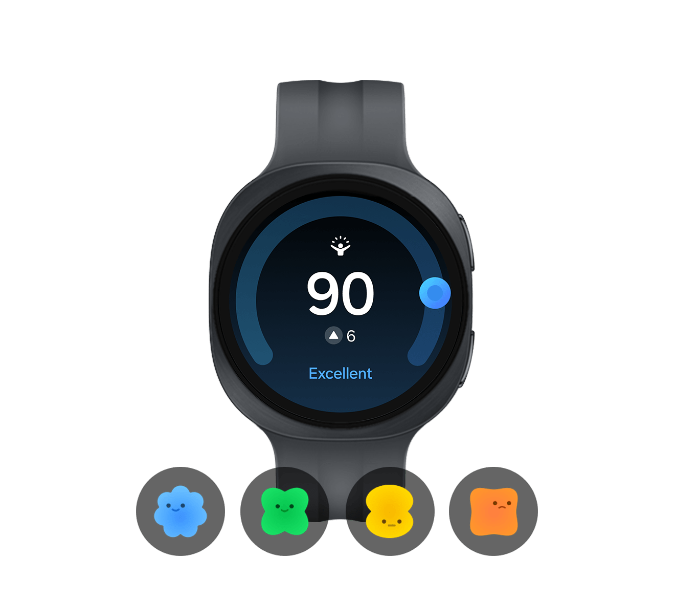 Galaxy Watch9 em Preto com uma Pulseira Sport em Preto, mostrado de frente com um Pontuação de energia Excelente de 90 e uma melhora de 6 pontos em relação ao dia anterior exibida na tela, e quatro ícones de personagens abaixo, simbolizando os vários níveis de Pontuações de energia.