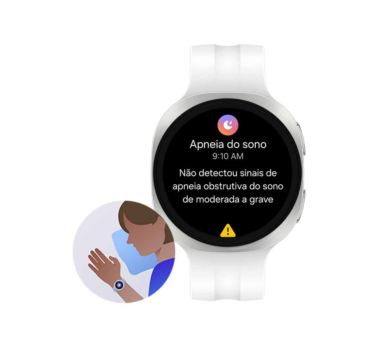 Galaxy Watch9 em Prata com uma Pulseira Sport em Cream, mostrado de frente com a interface do recurso de detecção de risco de apneia do sono exibido na tela com um ícone de apneia do sono, a hora e o texto Não detectou sinais de apneia obstrutiva do sono moderada a grave. Ícone ilustrativo de uma pessoa usando o Galaxy Watch9 no pulso enquanto dorme com o recurso de detecção de risco de apneia do sono ativado.