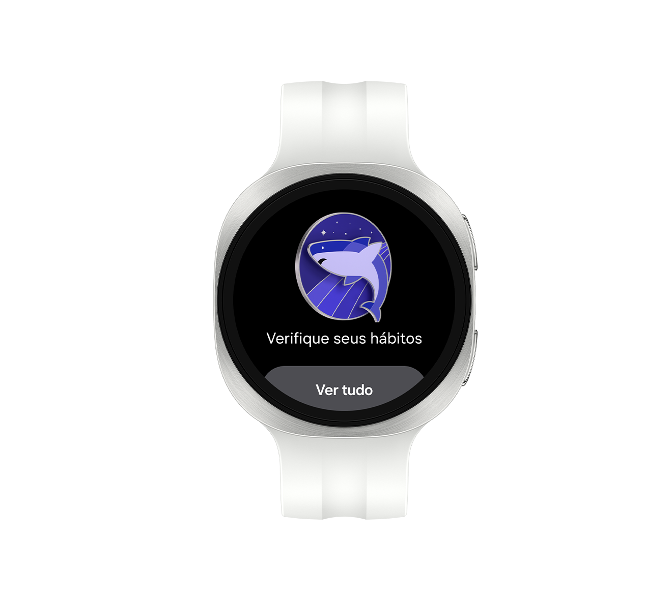 Galaxy Watch9 em Prata com uma Pulseira Sport em Cream, mostrado de frente com a interface do Treinamento do sono exibida na tela com um ícone de emblema de tubarão e o texto Verifique seus hábitos. Ver tudo.