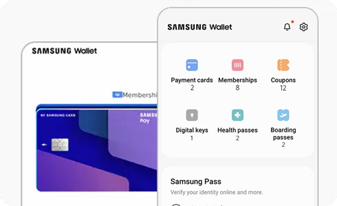 A sleek smartphone showcasing the Samsung Wallet app for quick mobile payments, set against a modern digital background.