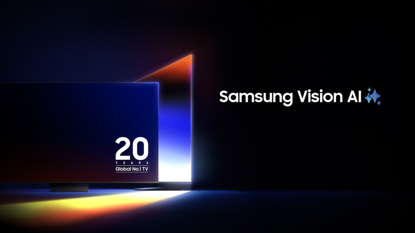 A blank TV sits alone. A vivid blue abstract landscape appears on screen. The TV suddenly moves to occupy a central position surrounded by four other TV models. Text below reads Samsung Vision AI is here. QLED, Neo QLED, Neo QLED 8K, OLED, and The Frame.