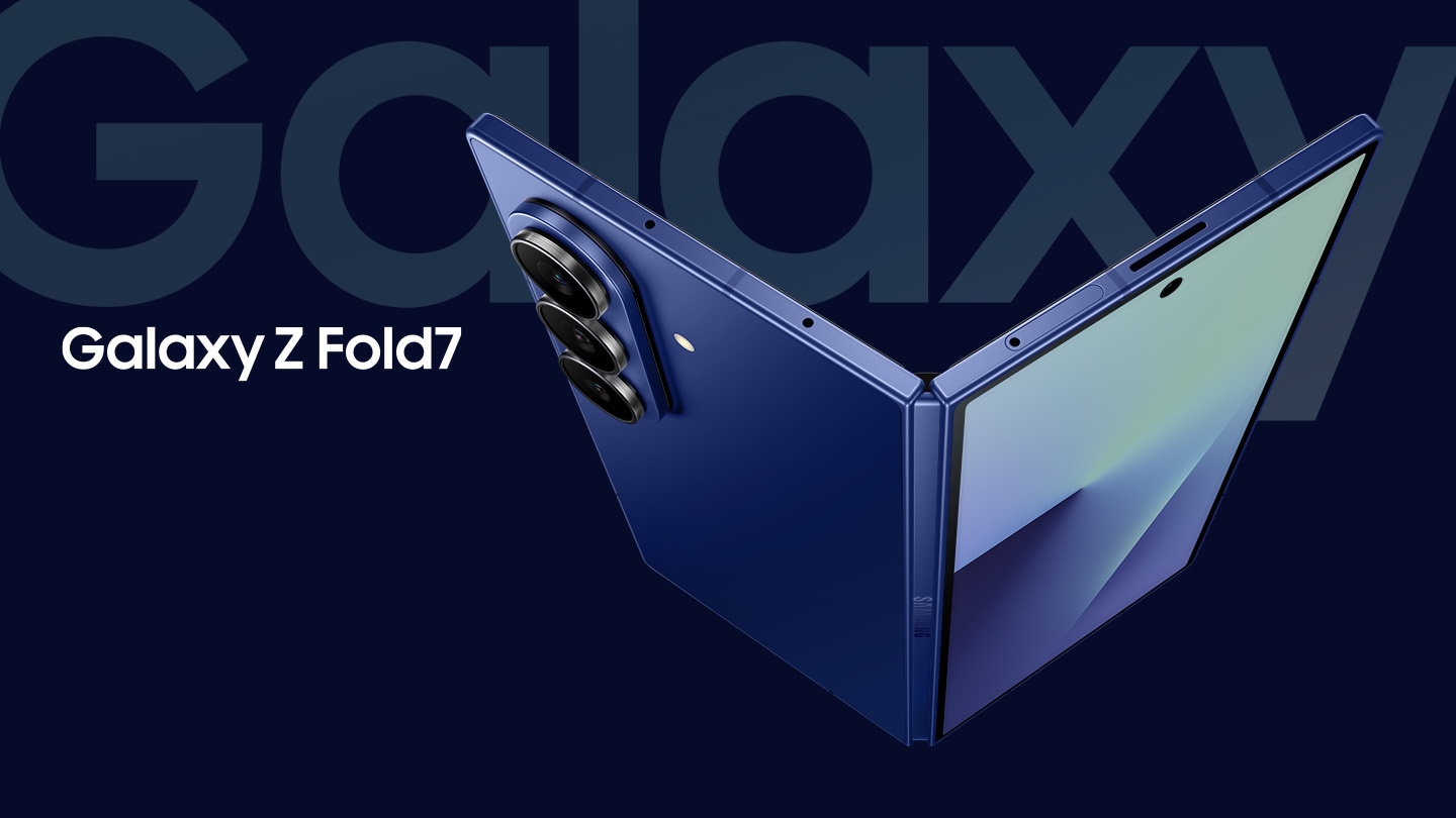 A white spotlight shines as if embracing two characters and three products all at once. At the front, a female character wearing running clothes is shown running. Just behind her to the right, a white Galaxy Watch8 40mm is visible. Further back to the right, a male character is seated leaning against a giant Galaxy Z Fold7 in blue, using a laptop. The screen of the Galaxy Z Fold7 in blue displays a scenic illustration of hills and hot air balloons. To the left and slightly behind, a Galaxy Tab S11 is propped up at an angle, showing a scenic illustration of hills and hot air balloons.