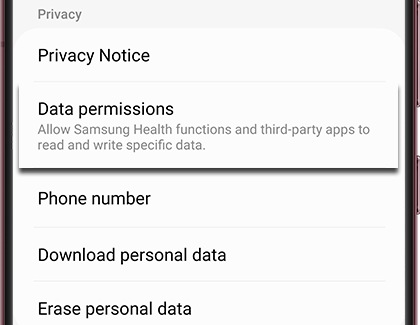 Data permissions highlighted in the Samsung Health app
