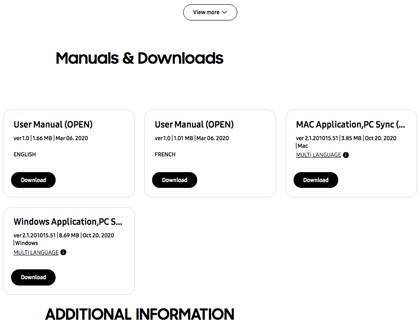 From the Samsung Support page, scroll to the "Manuals & Downloads" section, and then click the Downloads button next to the Galaxy Buds Manager software version you want to download (MAC or PC).