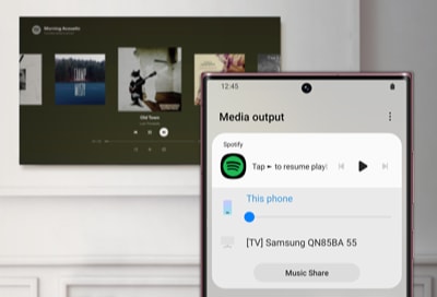 Media output on a Galaxy phone in front of a Samsung TV