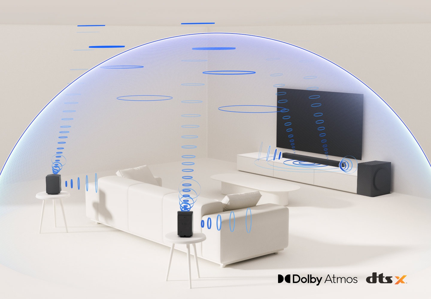 There is an illustration of a livingroom soundbar setup including a main soundbar unit below a TV, a subwoofer next to a console, and two rear speakers behind a couch on a stand. Sound waves are coming from the speakers, creating a virtual surround sound effect, as indicated by a dome shape enveloping the livingroom. 